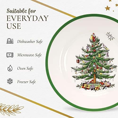 אוסף עץ חג המולד של Spode סט ארוחות אוכל 16 חלקים | שירות עבור 4 | צלחות ארוחת ערב וסלט, ספלי קפה וקערות דגנים